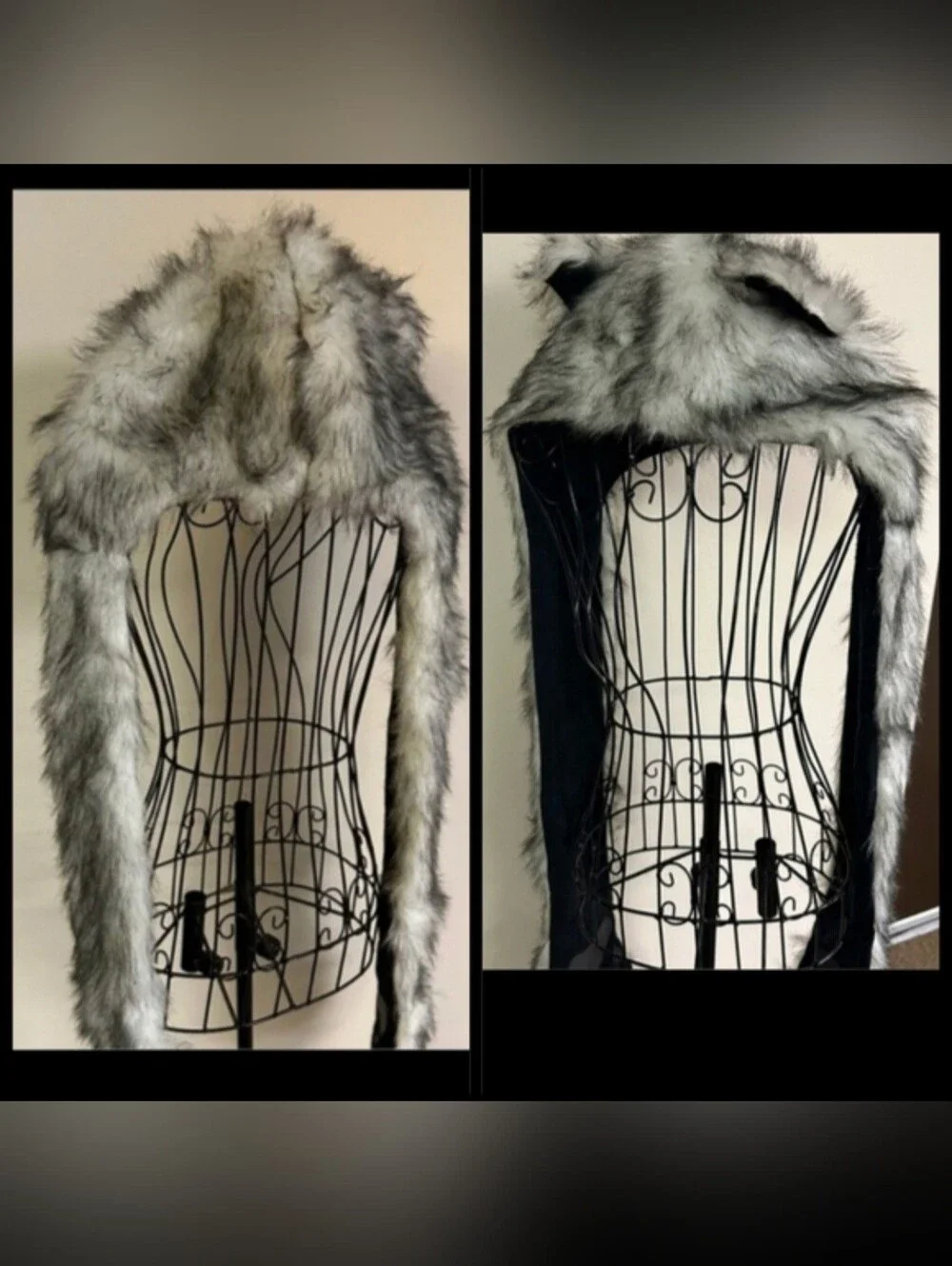 Amazon white winter wolf faux fur wolf ears paws as scarf mittens hat hood NWOT